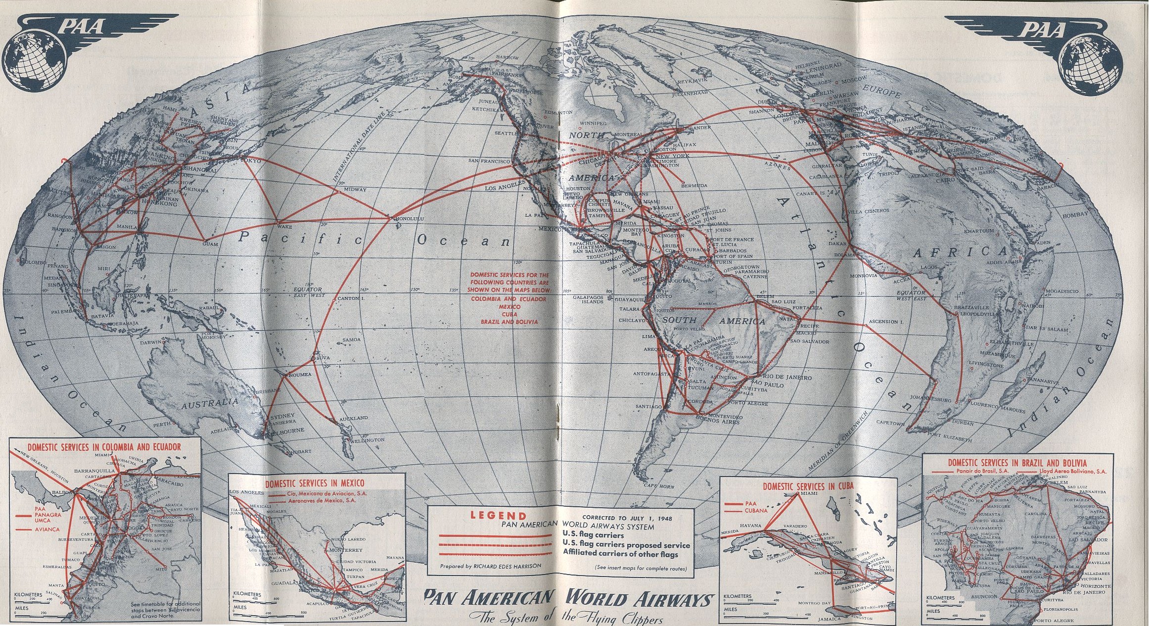 1948, July 1, Pan Am System  Route Map.